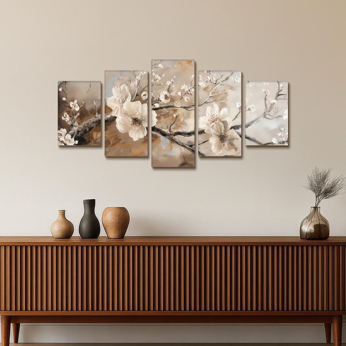 LEINWANDBILD 5er Set Blüte - Beige - Abstrakt - Blumen 100x50 cm - Hellbraun, Textil (100/50cm) - MuchoWow