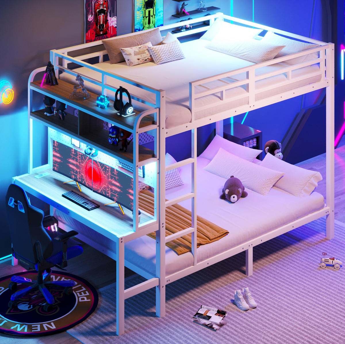 ETAGENBETT 140/200 cm aus Metall mit Schreibtisch, LED-Lichtleiste und USB-Anschluss Weiß - Weiß, Metall (140/200cm) - Modenvie