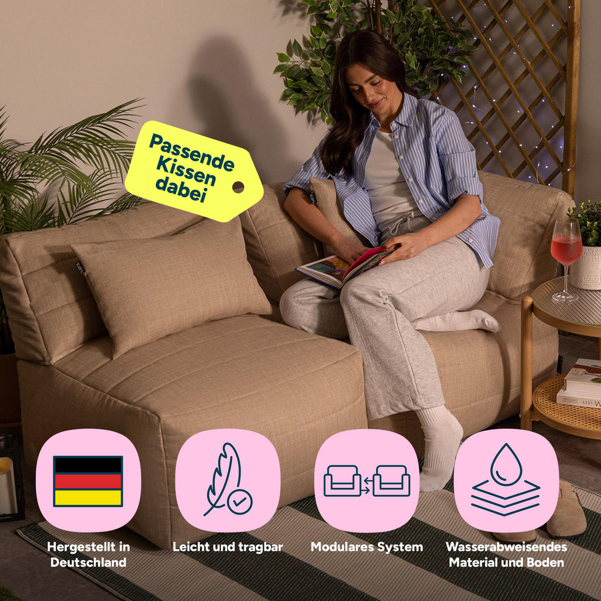 SITZSACK-SOFA 2-tlg. modular outdoor Noa - Beige, Textil (143/70/78cm) - icon