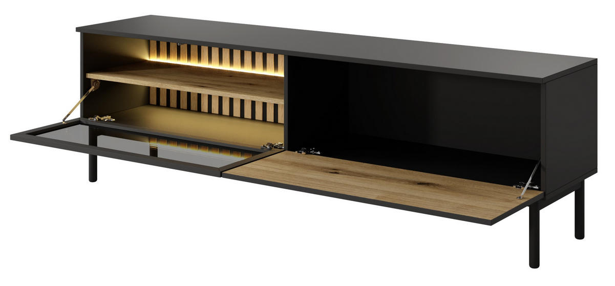 TV-BOARD mit Glas 180 cm Jotare, LED, Schwarz, Eiche Evoke - Schwarz, Holz (180/55/39cm) - Emporius
