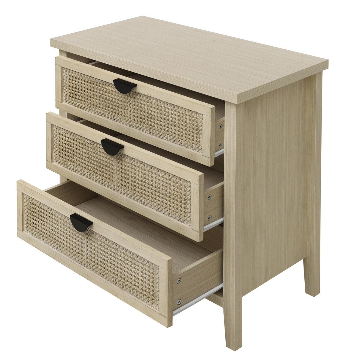 KOMMODE mit 3 Schubladen, Naturholzoptik & Rattan Fronten - Beige, Holzwerkstoff (80/80/40cm) - Urban Meuble