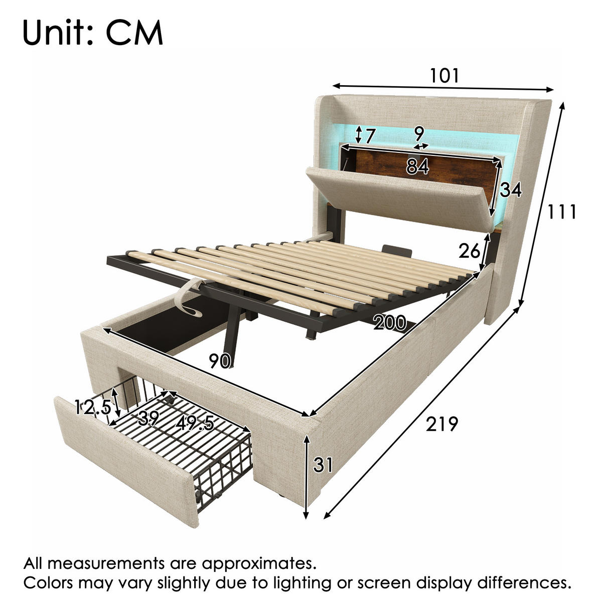 ČALÚNENÁ posteľ 90/200 cm s hydraulickým úložným priestorom, LED osvetlením a USB/USB-C nabíjaním, Béžová - béžová, textil (90/200cm) - Redom