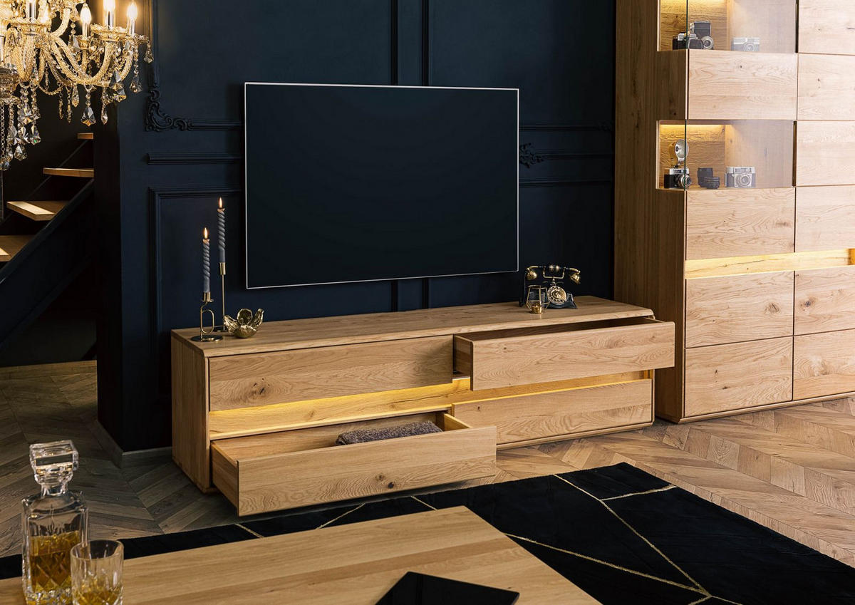 TV-BOARD Wildeiche inkl. LED 184x43,5x47,5 natur geölt CARDIFF #141 - Naturfarben, Holz (184/48/44cm) - Massivmoebel24