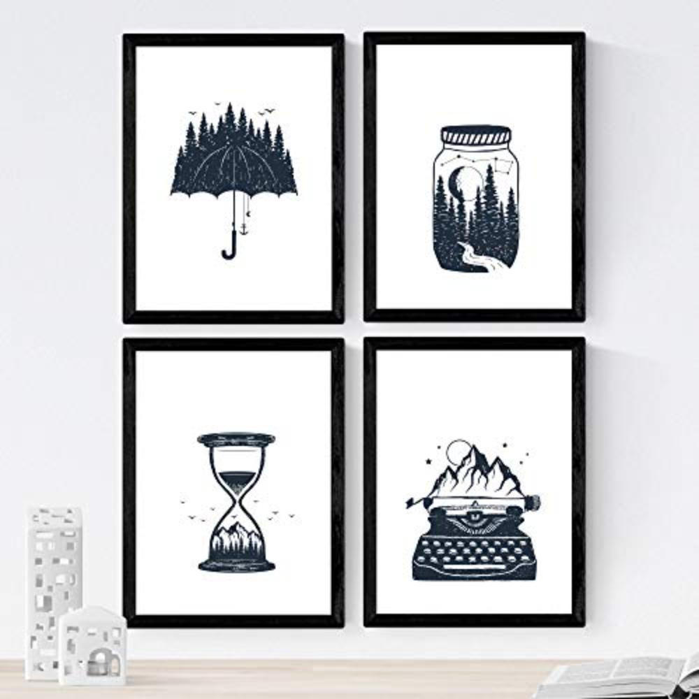 POSTER Set mit 4 Natur im nordischen Stil Elemente in blauweiß A3 Schwarzer Rahmen - Schwarz, Papier (29.7/3cm) - Nacnic