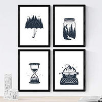 POSTER Set mit 4 Natur im nordischen Stil Elemente in blauweiß A3 Schwarzer Rahmen - Schwarz, Papier (29.7/3cm) - Nacnic