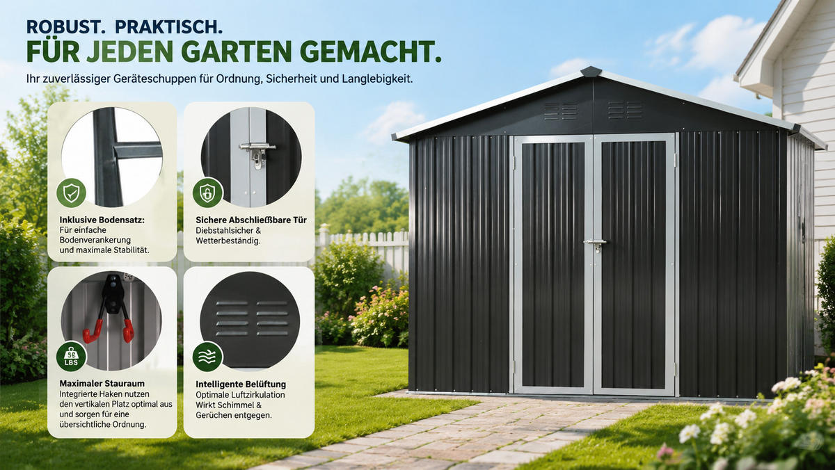 GERÄTEHAUS 300/248.6/191.5 cm Schwarz mit Integrierter Bodenrahmen (7,46 m²) - Schwarz, Metall (248.6/191.5/300cm) - Oxeza