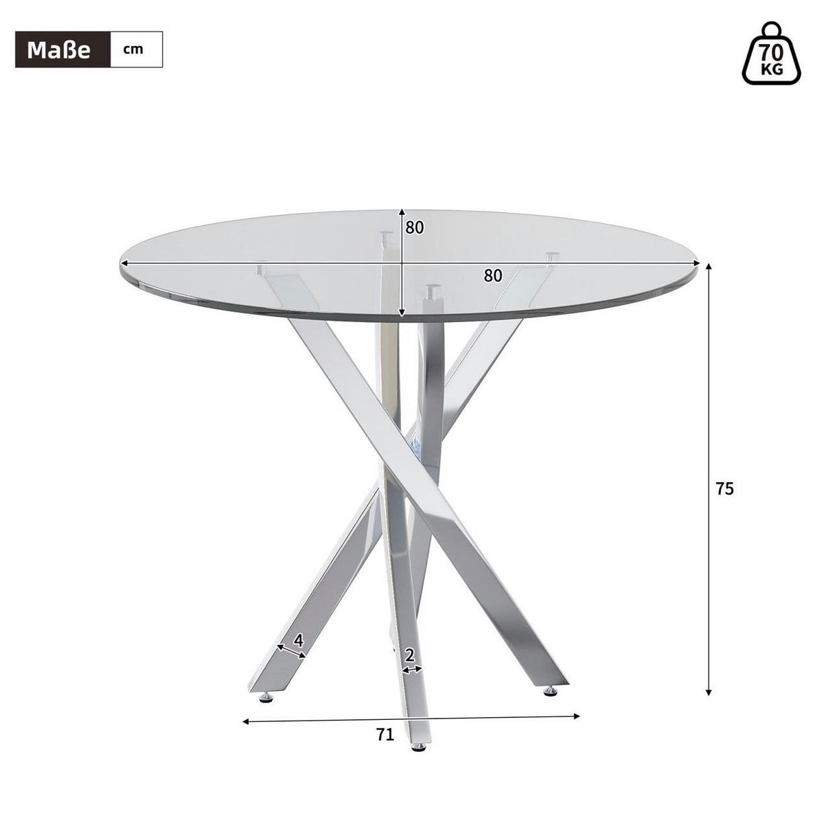 ESSTISCH rund 80 x 80 x 75 cm Glas Metall Silber - Silberfarben, Glas (80/80/75cm) - Meubliv
