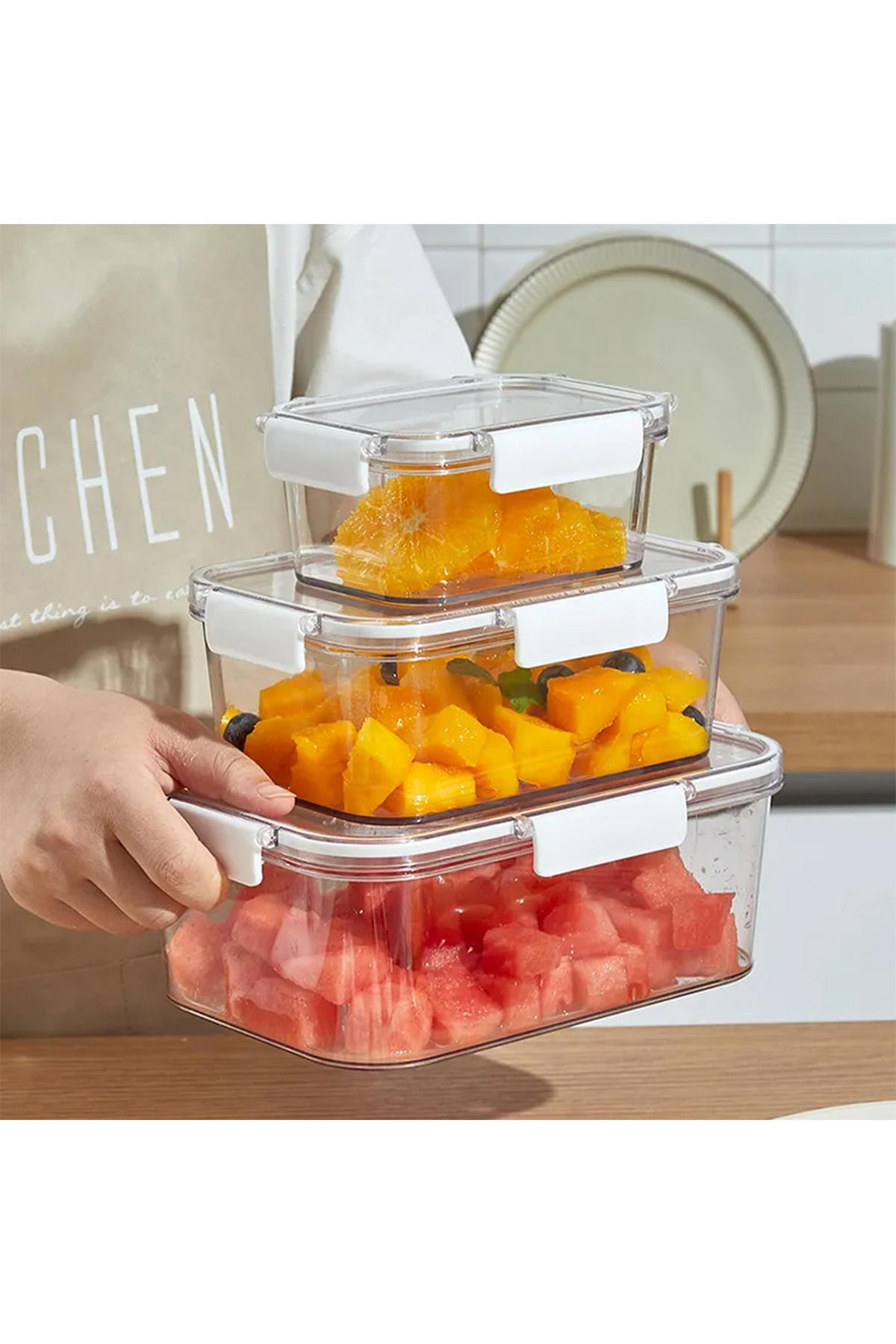 FRISCHHALTEDOSEN 3er-Set aus PP Kunststoff in Transparent Rechteckig 23 x 16,5 x 8,6 cm - Weiß, Glas (23/8.6/16.5cm) - Livingandhome