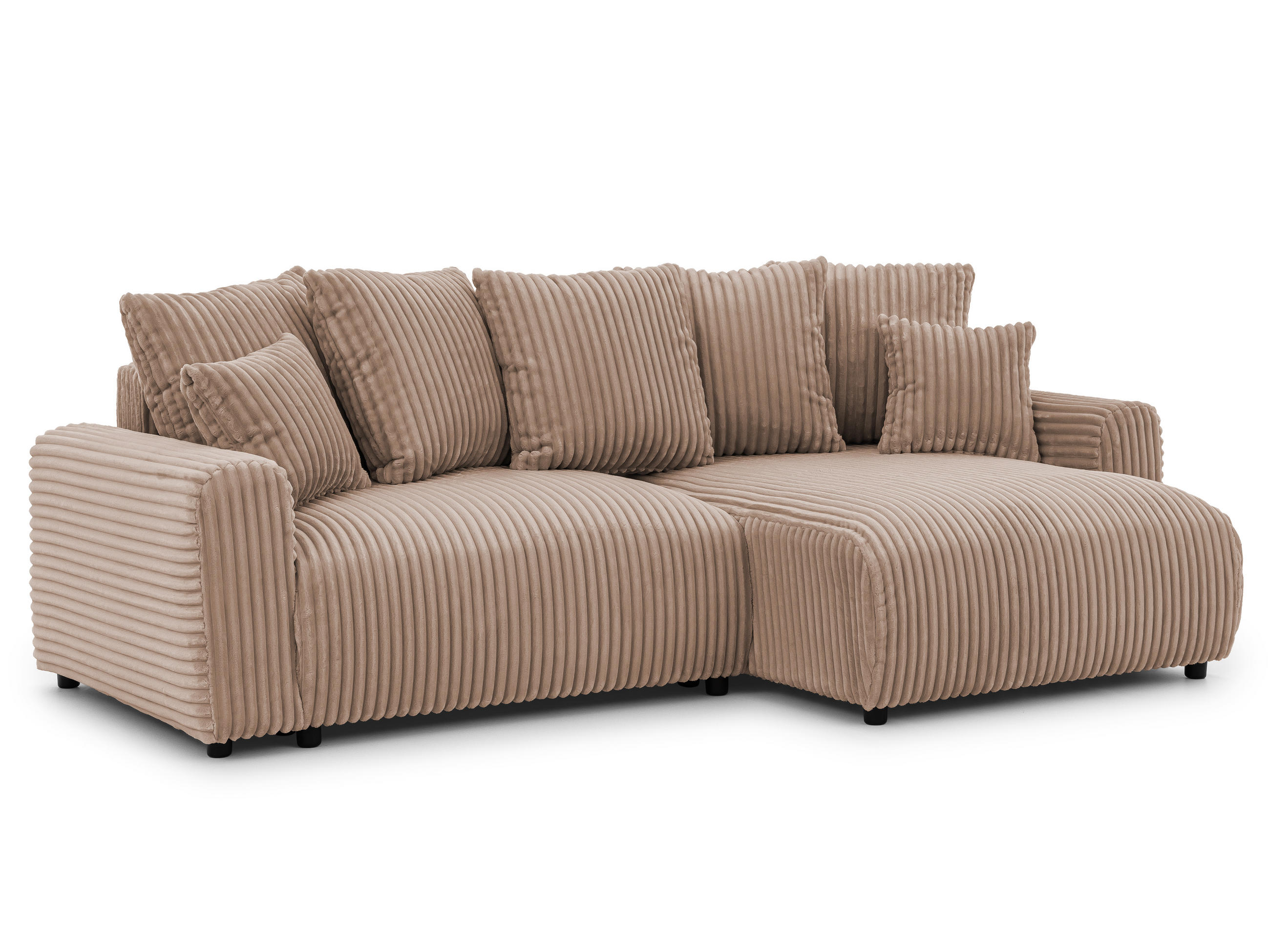 ECKSOFA Calma mit Schlaffunktion und Bettkasten im Bumpy-Design aus weichem Beige Plüschcord - Ottomane rechts - Beige/Schwarz, Holz/Kunststoff (140/239cm) - S-Style