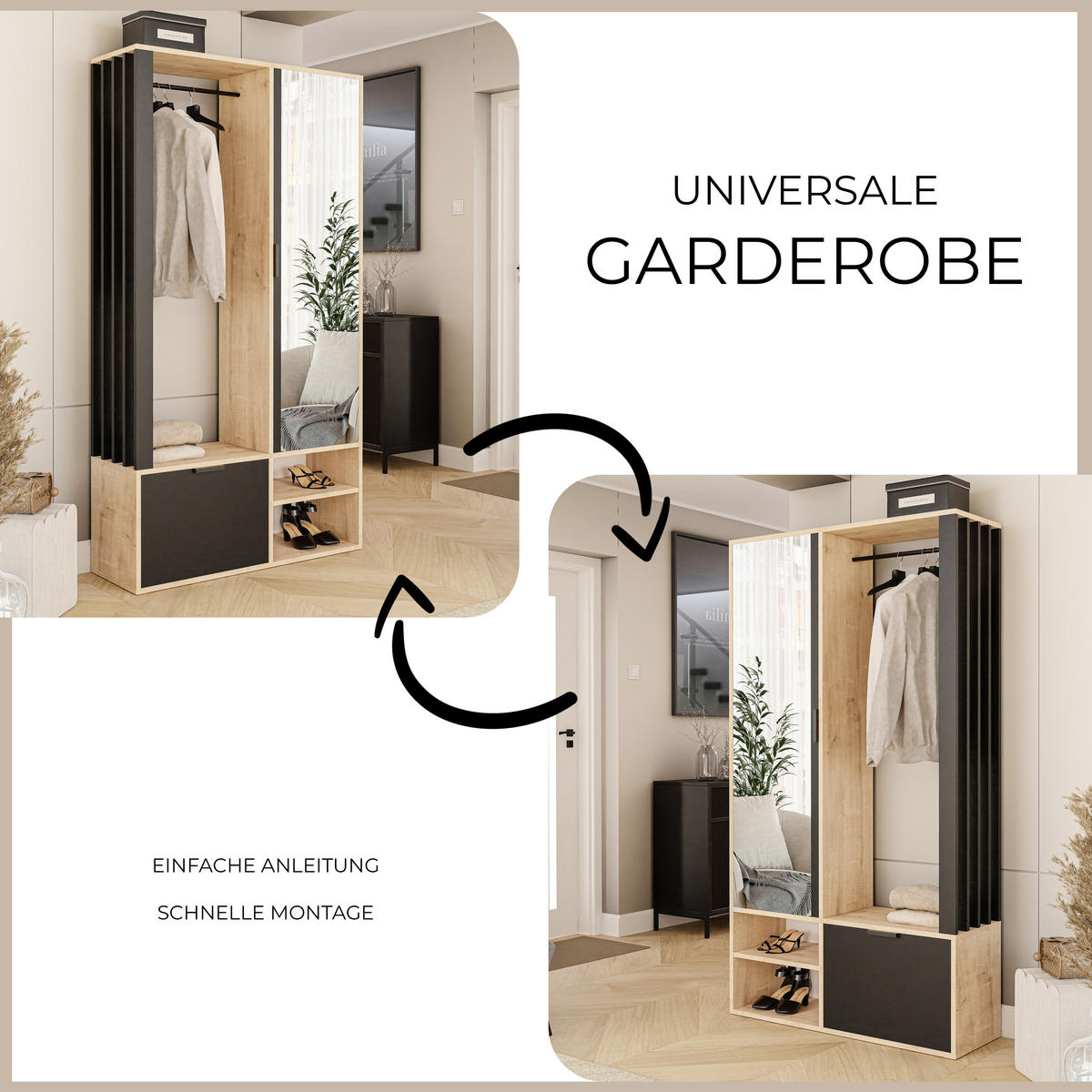 GARDEROBENSCHRANK mit Spiegel-mit Ablagen und Kleiderstange - Schwarz/Braun, Holzwerkstoff (100/190/33cm) - Idohome