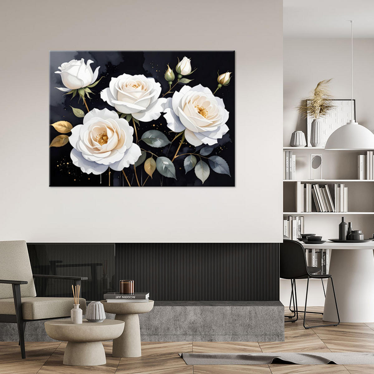 WANDBILD, Weiße Rosen Blumen auf schwarzem Hintergrund - Weiß, Textil (100/70cm) - Feeby