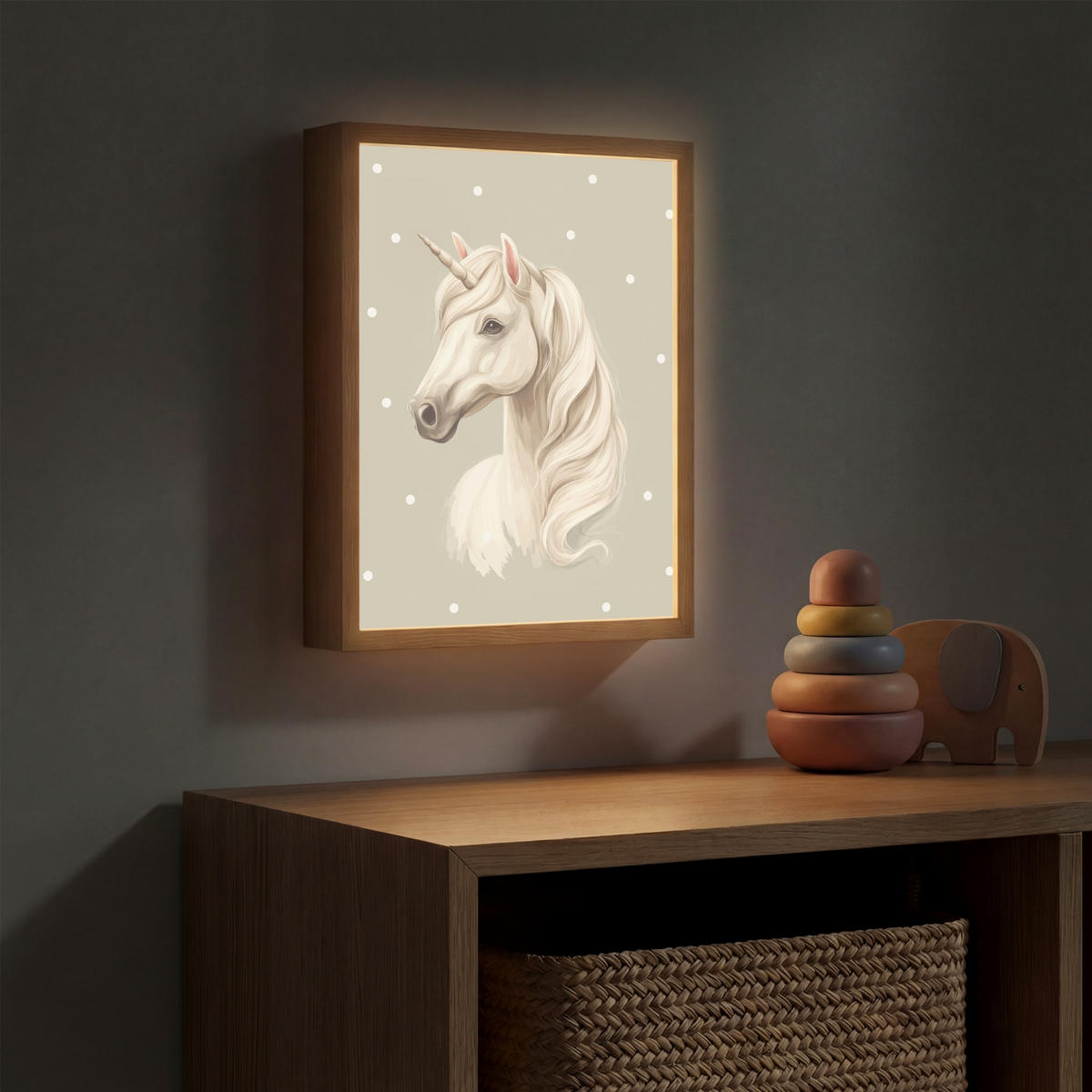 NÁSTĚNNÁ LAMPA S AKUMULÁTOREM Jednorožec - bílý - tečky 30x40 cm - šedohnědá, kompozitní dřevo (30/40/8cm) - OnlyWow