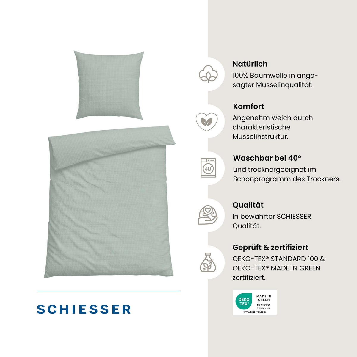 BETTWÄSCHESET Molly - Musselin - 2-teilig - 155 x 220 cm - Hellgrün - Hellgrün, Textil (155/220cm) - SCHIESSER