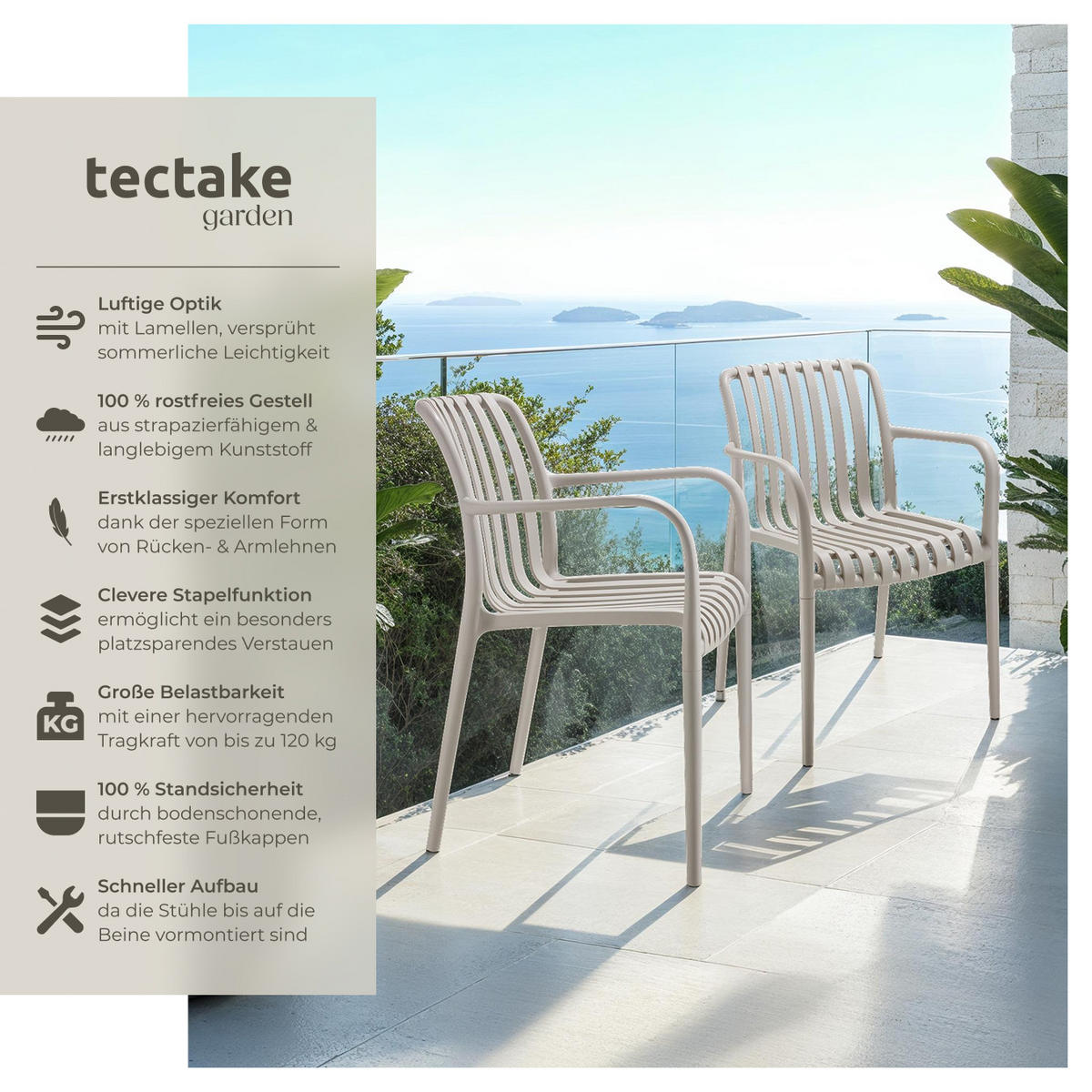 GARTENSTÜHLE Alcudia,54,5 x 58 x 80,5 cm, Belastbarkeit 120 kg, taupe - Taupe, Kunststoff/Textil (54.5/80.5/58cm) - tectake