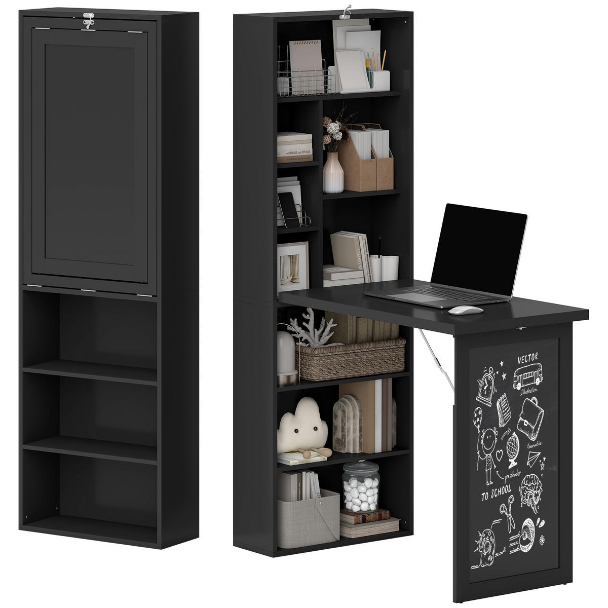 SCHREIBTISCH Schwarz klappbar mit Regal und Tafel 98/51/153 cm - Schwarz, Holzwerkstoff (51/98/153cm) - PANGIVO