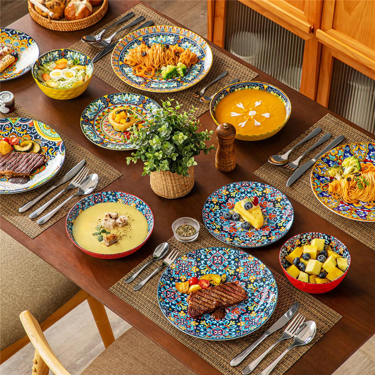 KOMBISERVICE 24-teilig Steinzeug Geschirrset Böhmischer Stil - Multicolor, Keramik (27.2/2.3/27.2cm) - Kaket