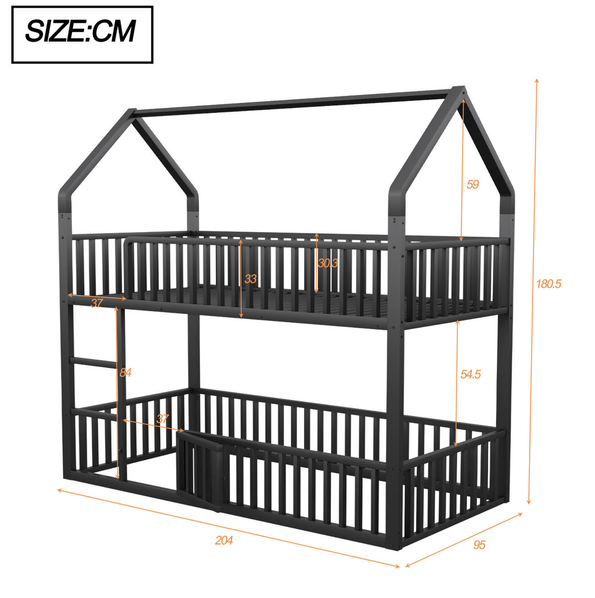 ETAGENBETT 90/200 cm mit Frontleiter, Hausrahmen und Tür, Schwarz - Schwarz, Metall (90/200cm) - Redom