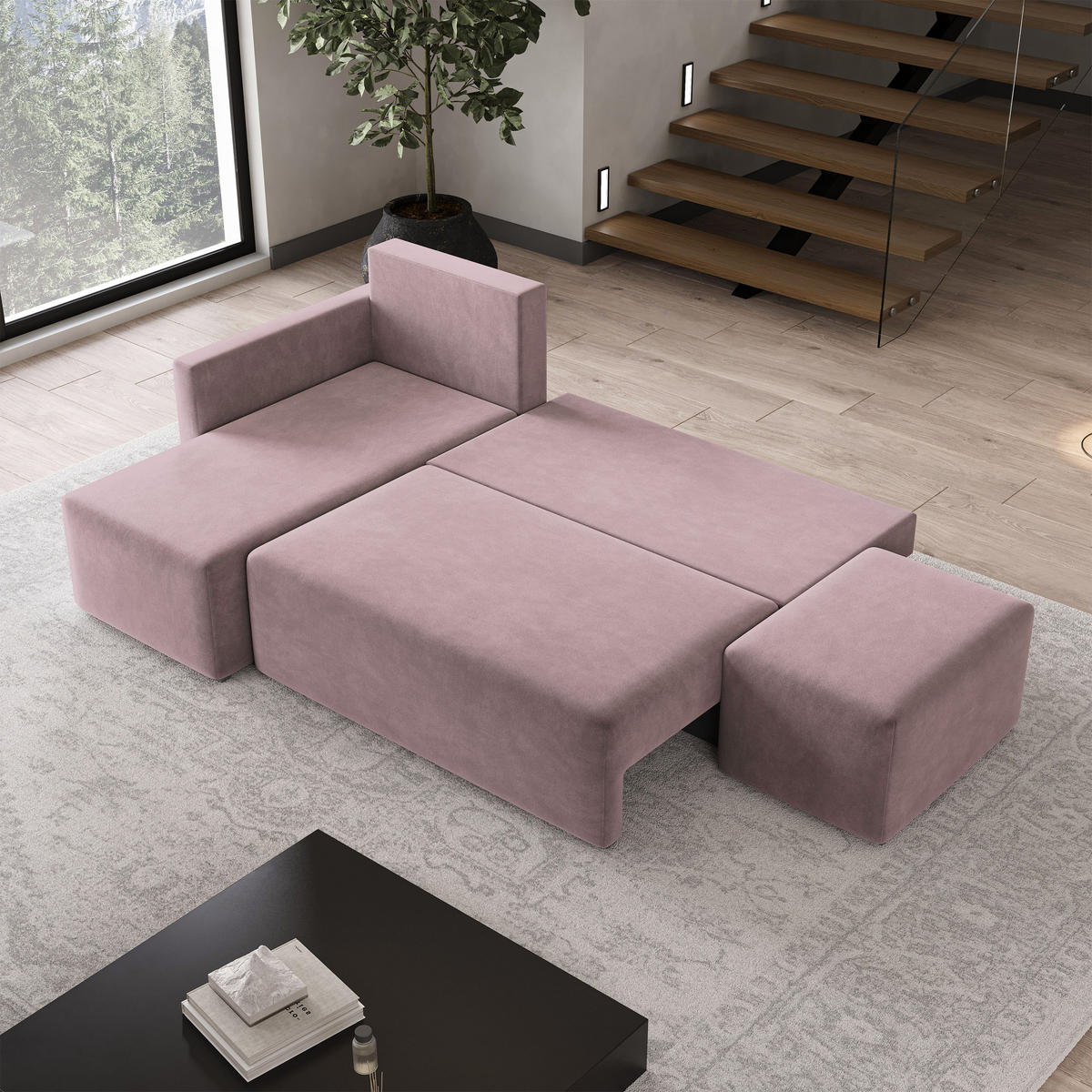 ECKSOFA VELOTTI L-S Rosa Plüsch-Stoff mit Schlaffunktion - Rosa, Holz (261/143cm) - MASSENO