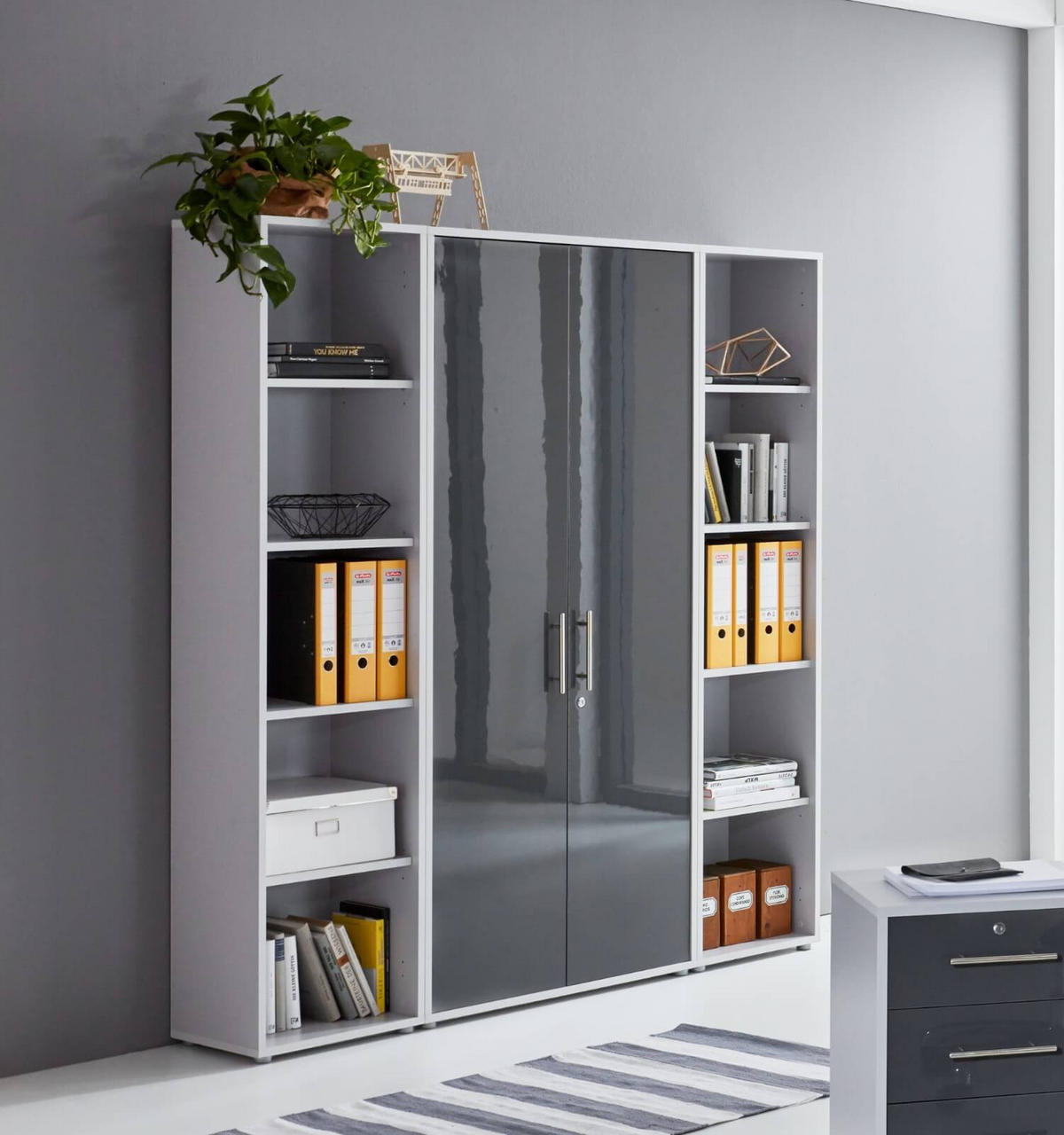 BÜROMÖBELSET 3-tlg. lichtgrau / anthrazit Hochglanz - Anthrazit/Silberfarben, Holz/Metall (172/185/33cm)