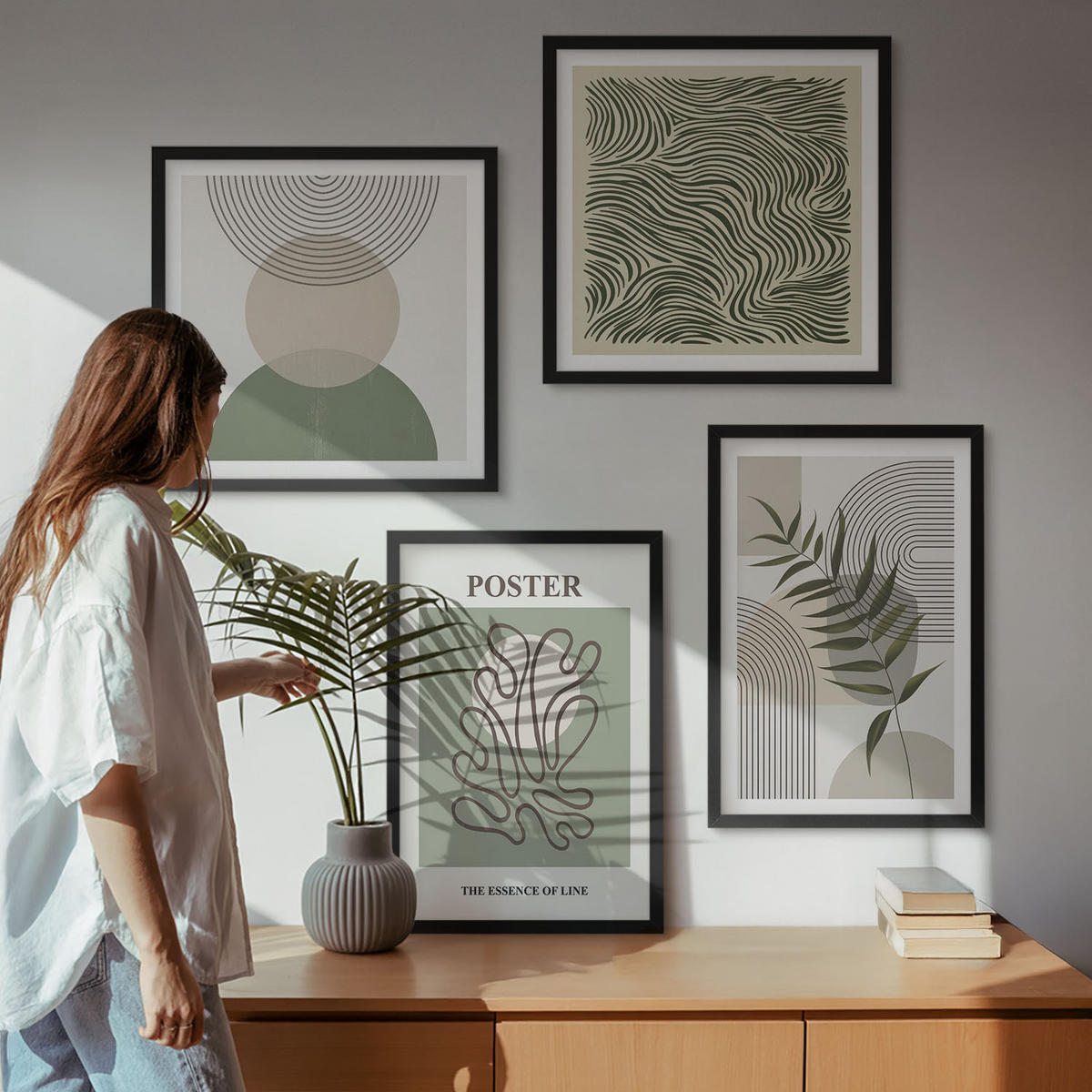 BILDER SET 4er Set - 50x50 cm & 40x60 cm Schwarzer Rahmen - Geometrische botanische Muster - Schwarz, Kunststoff (50/50cm) - TULUP