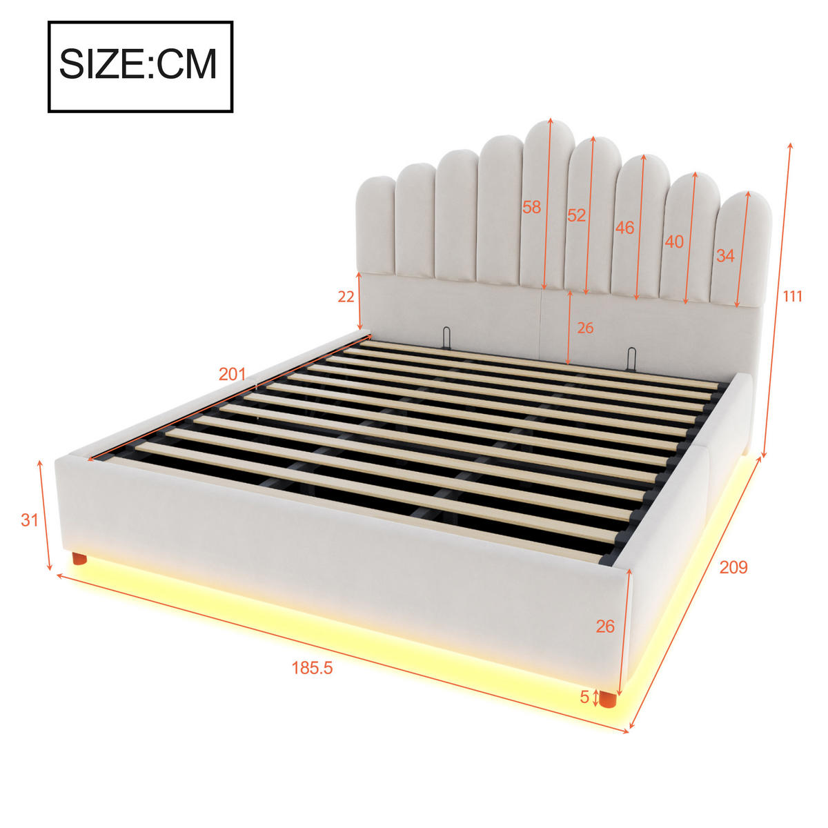 POLSTERBETT 180/200 cm in Beige mit Bettkasten, LED und Lattenrost aus Samt - Beige, Holzwerkstoff/Textil (180/200cm) - STILVORA