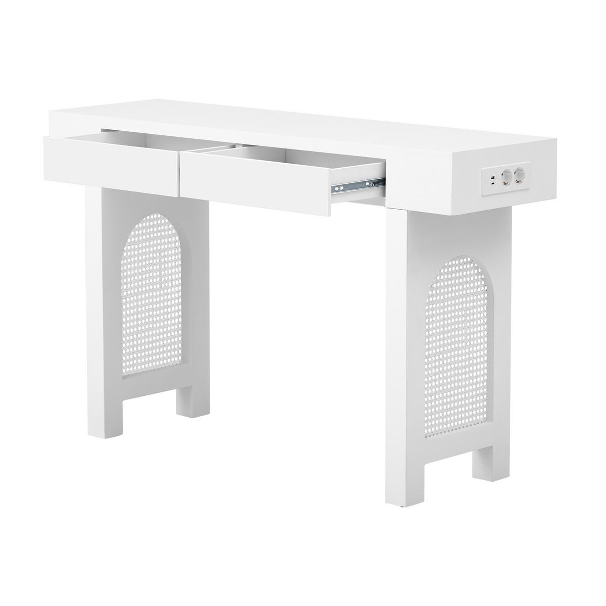 KONSOLENTISCH 120/35,5/76,5 cm Weiß aus MDF mit 2 Schubladen und Steckdosenleiste - Weiß, Holzwerkstoff (120/35.5/76.5cm) - OKWISH