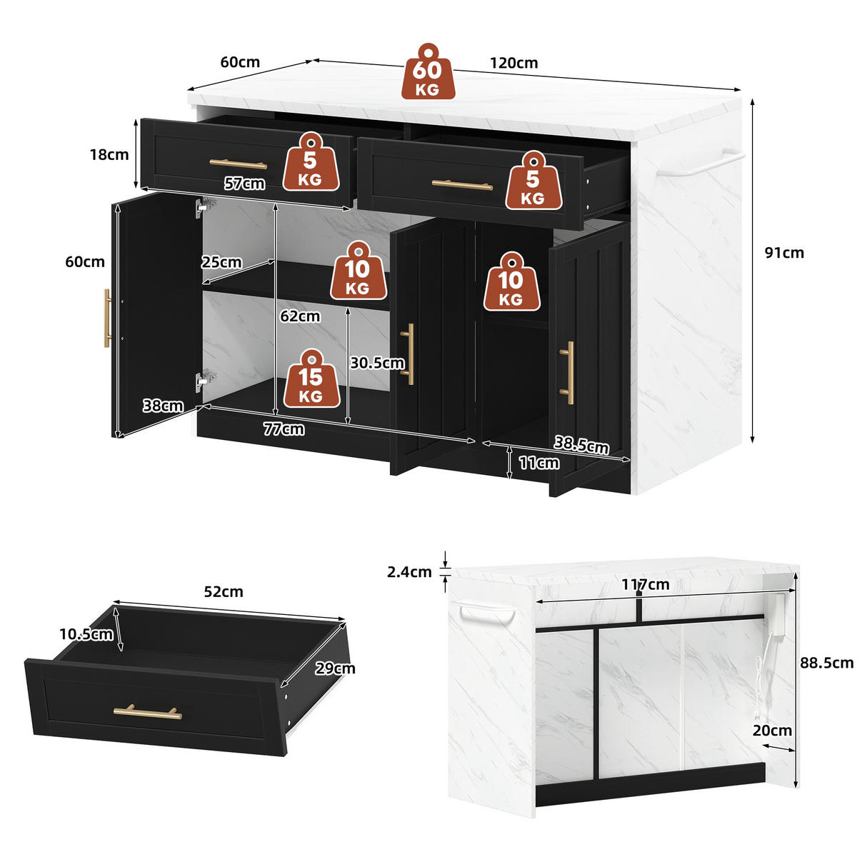 KÜCHENINSEL 120x60x91 cm mit Steckdosen, USB und Barbereich - Schwarz, Holzwerkstoff (120/91/60cm)