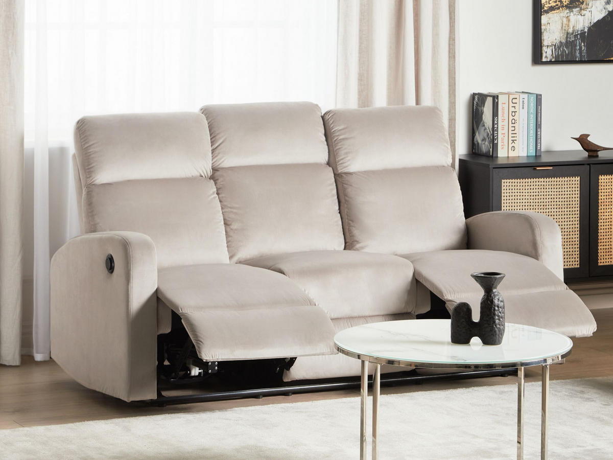 3-SITZER-SOFA Samtstoff taupe elektrisch verstellbar Verdal - Beige, Textil (180/102/73cm) - Beliani