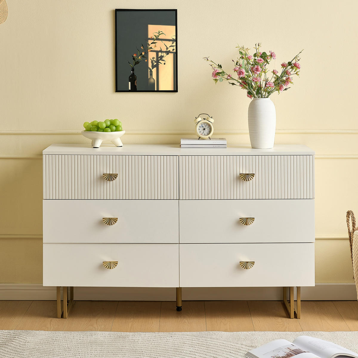 SIDEBOARD 6 Schubladen Weiß Gold MDF Stahl 120x40x75 - Weiß, Holzwerkstoff (40/75/120cm) - FLIEKS