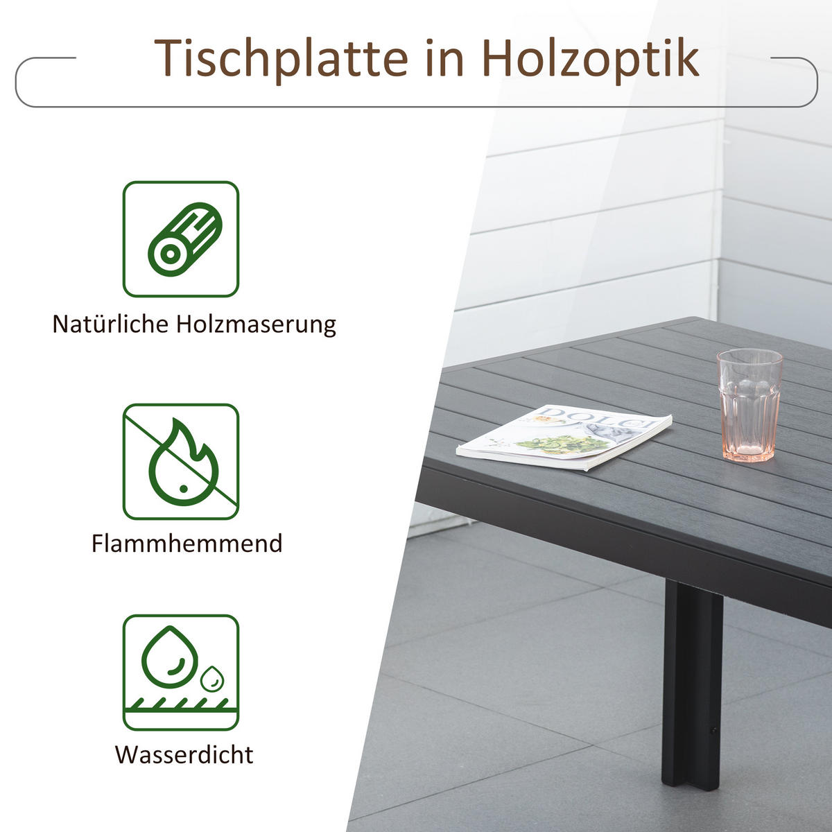 GARTENTISCH, Garten Esstisch, Terrassentisch, Partytisch, aus Alu, Polyholz, Schwarz - Schwarz, Holz/Metall (190/84.5/72cm) - Outsunny