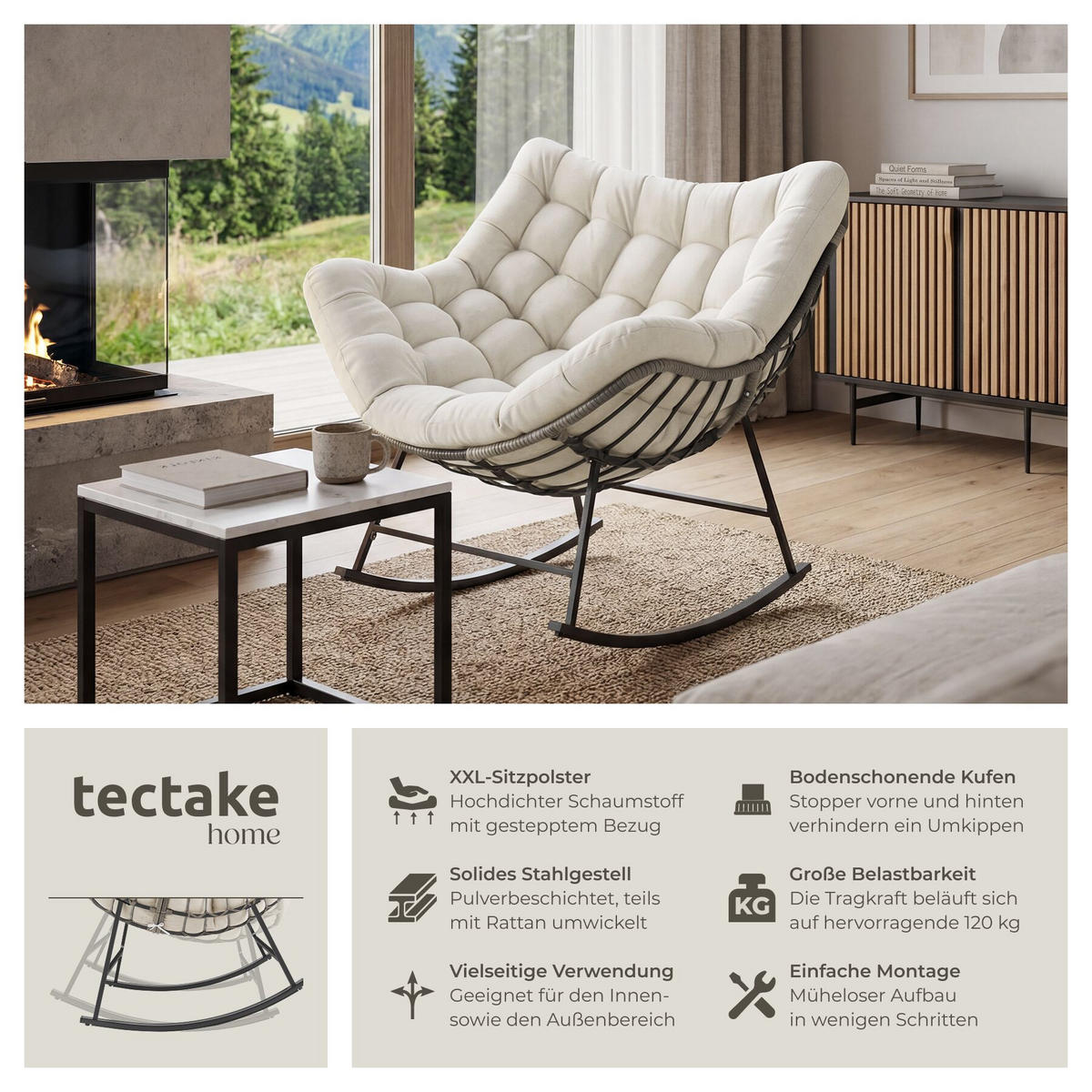 SCHAUKELSTUHL Tami, 93 x 99,5 x 89 cm, beige - Beige, Kunststoff (93/89/99.5cm) - tectake