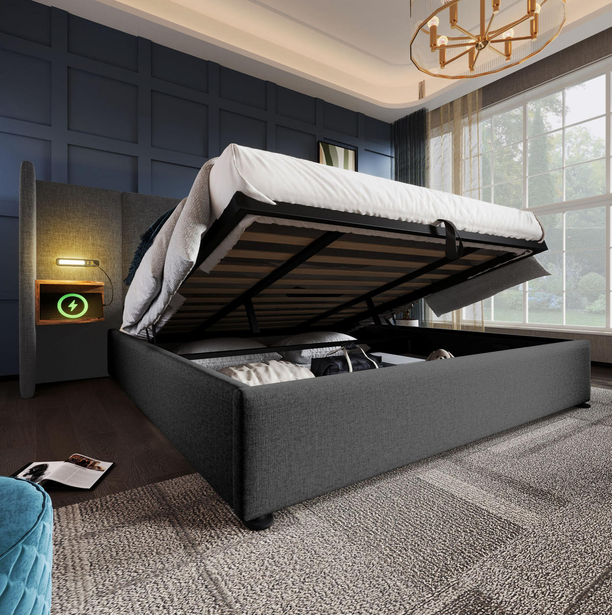 POLSTERBETT 180/200 cm mit Bettkasten, Leselampe und USB/Type-C in Grau - Grau, Textil (180/200cm) - BEAOK