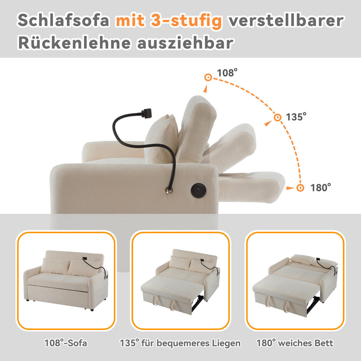 KLAPP-DOPPELSOFA Multifunktion Schlaffunktion USB-Ladung verstellbar Beige - Beige, Holz (113/30/61cm) - FLIEKS