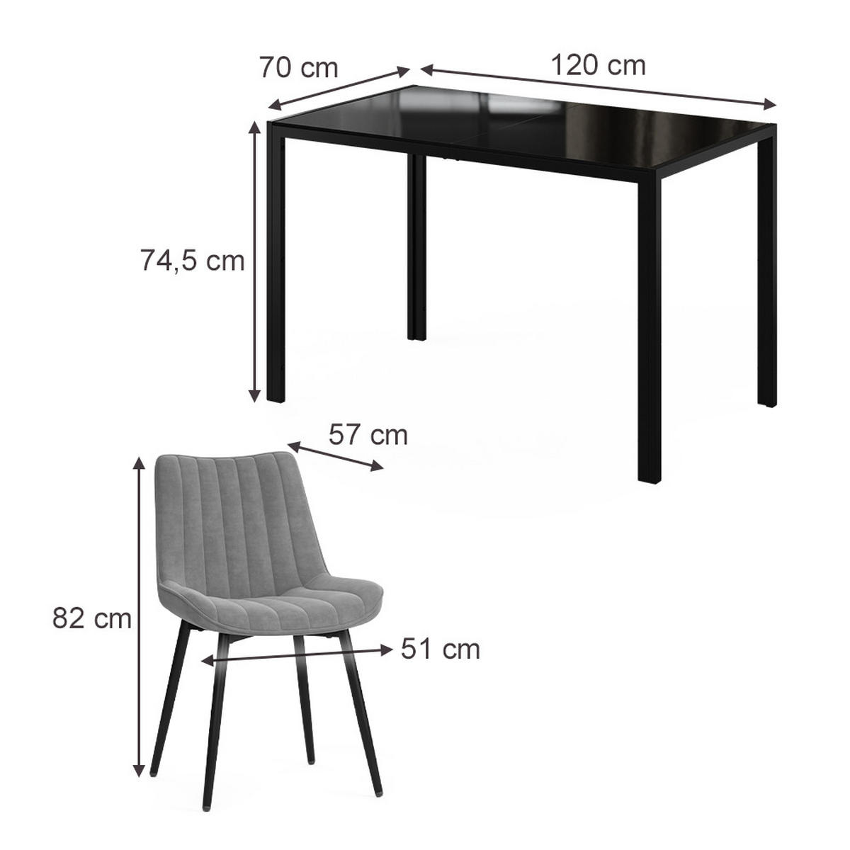 JÍDELNÍ STŮL SESTAVA Grand, Černá, 120 x 70 cm se 4 židlemi (šedé) - černá, sklo (120/74.5/70cm) - Vicco