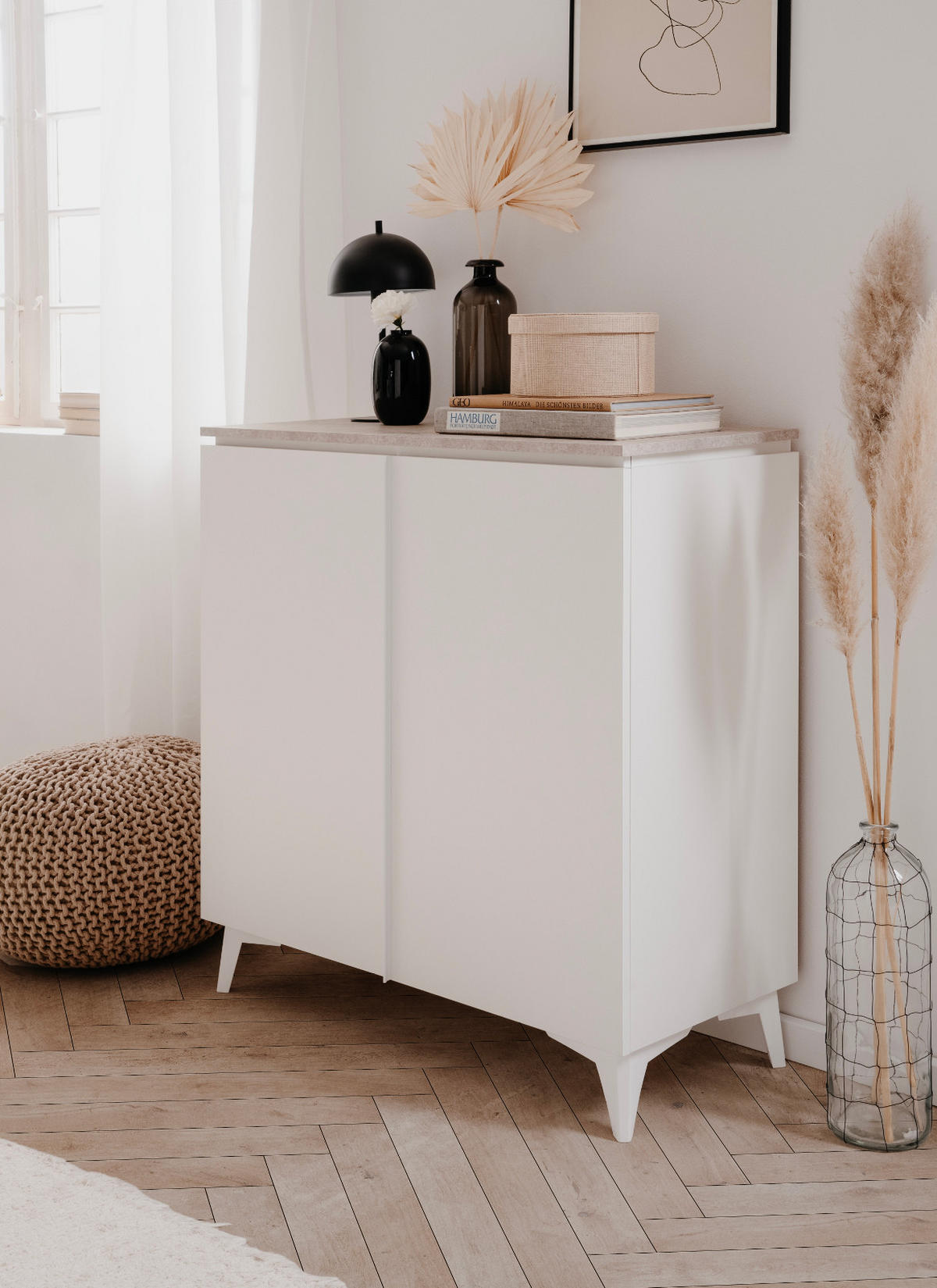 KOMMODE weiß mit Sandstein 88 x 92 cm, Anrichte 2-türig - Sandfarben/Weiß, Holzwerkstoff/Kunststoff (88/92/40cm) - Furn.Design