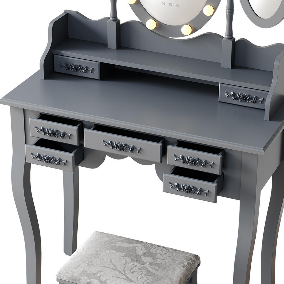 SCHMINKTISCH Diana Grau 90 cm mit Beleuchtung und Hocker - Grau, Holzwerkstoff (90/147/40cm) - Vicco