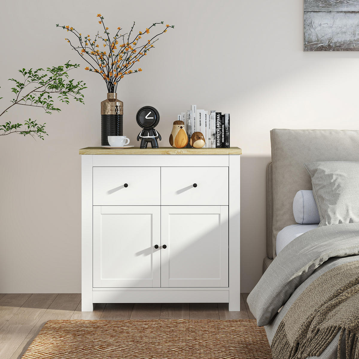 KOMMODE Sideboard mit 2 Schublade, Soft-Close-Doppeltür für Wohnzimmer Weiß - Weiß, Karton (35/80/79cm) - HOMCOM