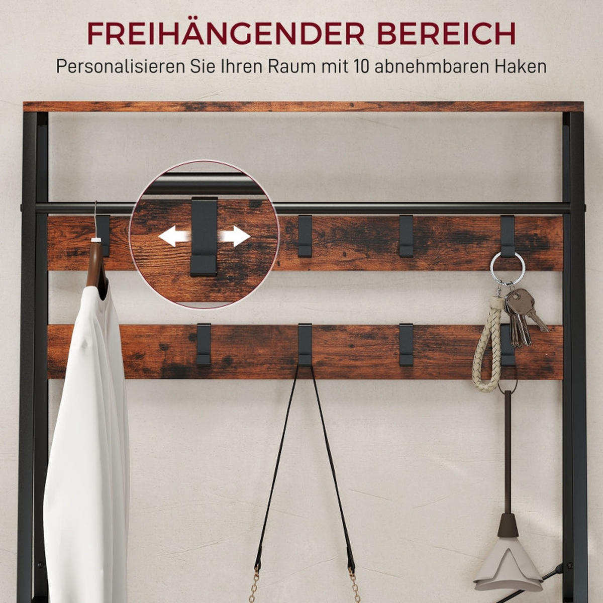 STANDGARDEROBE 80/30/180 cm mit 10 Haken, Schuhablage und Sitzbank - Braun, Holz (80/180/30cm) - BEAOK