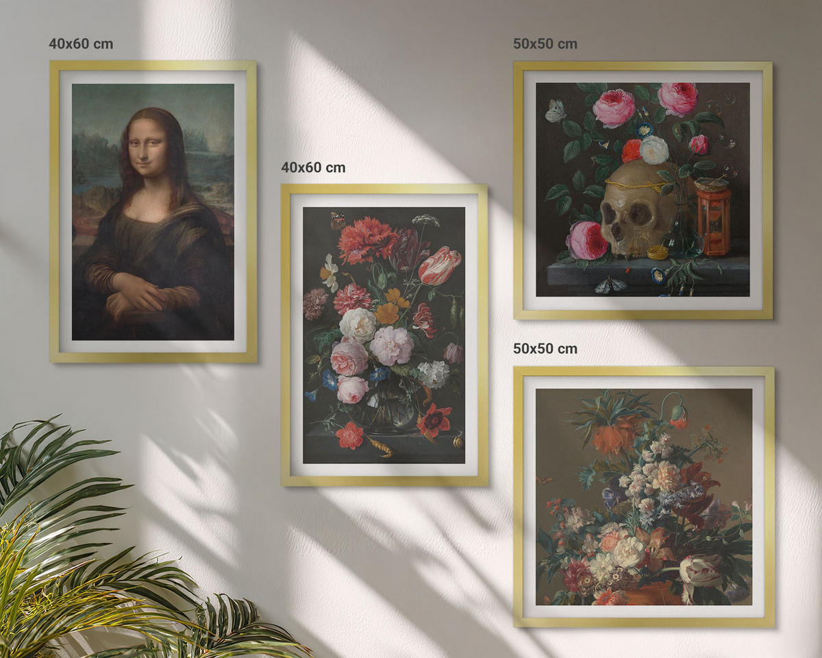 BILDER SET 4er Set - 50x50 cm & 40x60 cm Goldrahmen - Vintage Blumen Totenkopf Mona Lisa - Goldfarben, Kunststoff (50/50cm) - TULUP