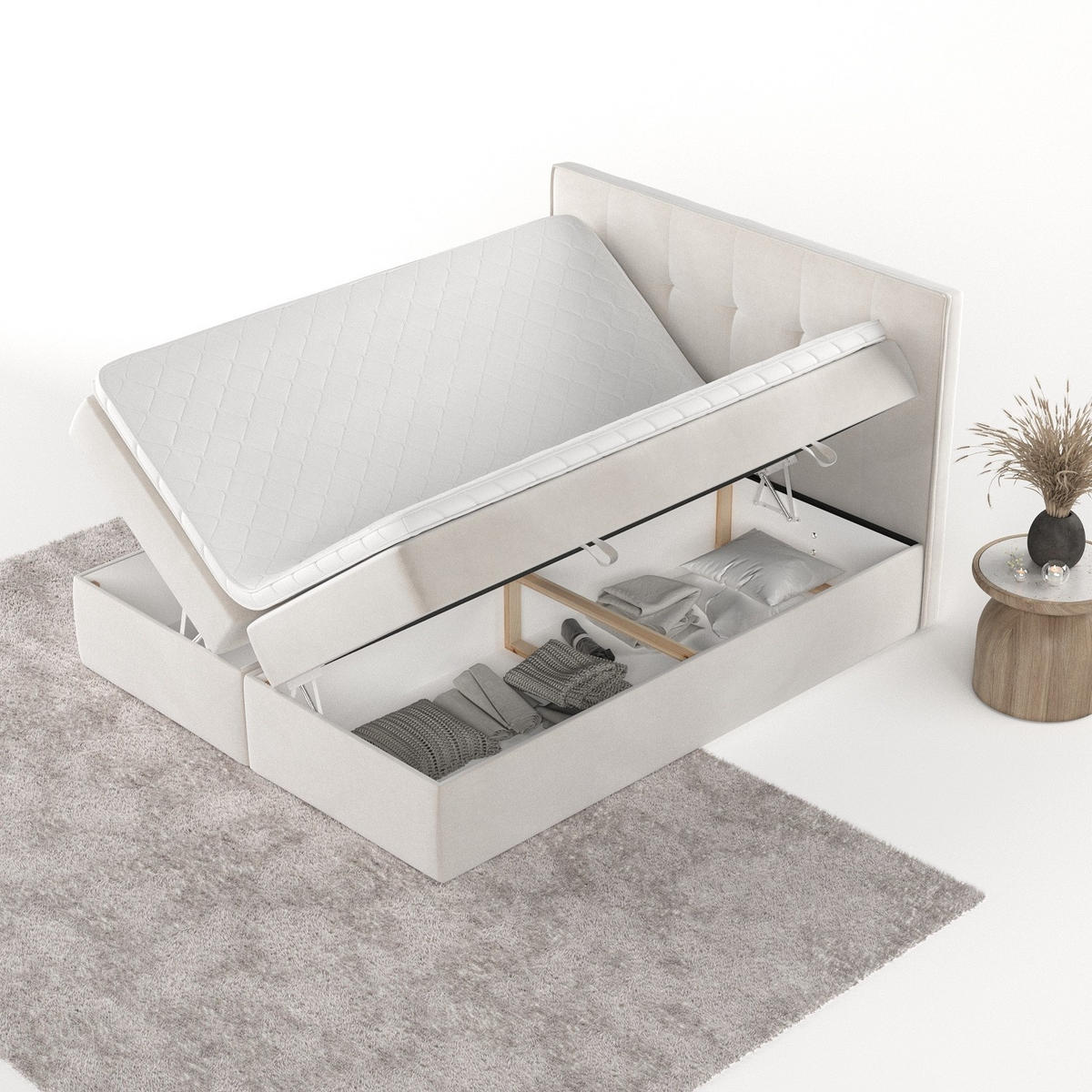 BOXBETT Mireo 140/200 cm Creme im Paros Stoff - Creme/Schwarz, Holz/Holzwerkstoff (140/200cm) - AltaBeds