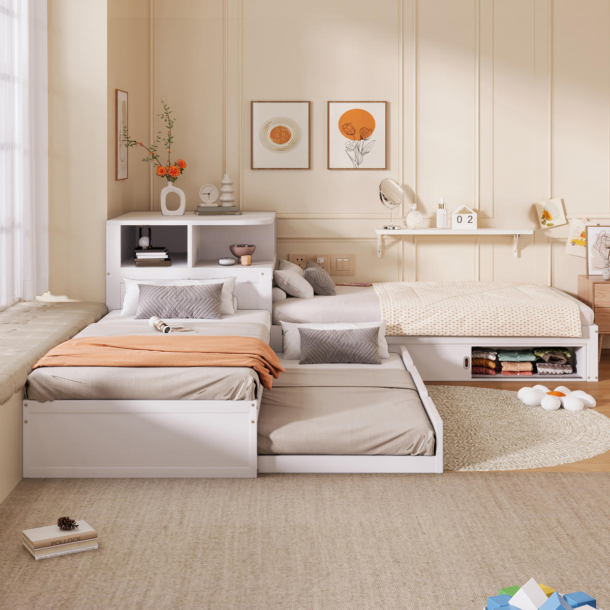 PLATTFORMBETT weiß 90 × 200 cm aus MDF‑Kiefernholz mit Ausziehbett, Schiebetür‑Stauraum und Nachtlicht - Weiß, Holzwerkstoff (90/200cm) - Luhomfu