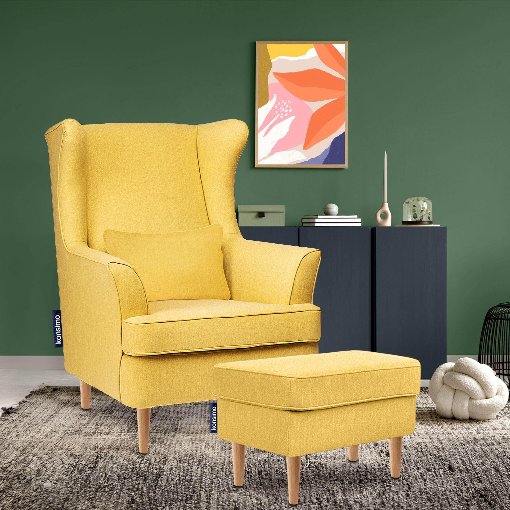 OHRENSESSEL STRALIS mit Sitzhocker, Gelb - Gelb, Textil (82/108/80cm) - KONSIMO®