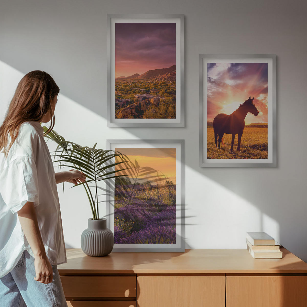 WANDBILDER 3er Set - 40x60 cm Silberner Rahmen - Berglandschaft mit einem Pferd - Silberfarben, Kunststoff (40/60cm) - ArtPrintCave