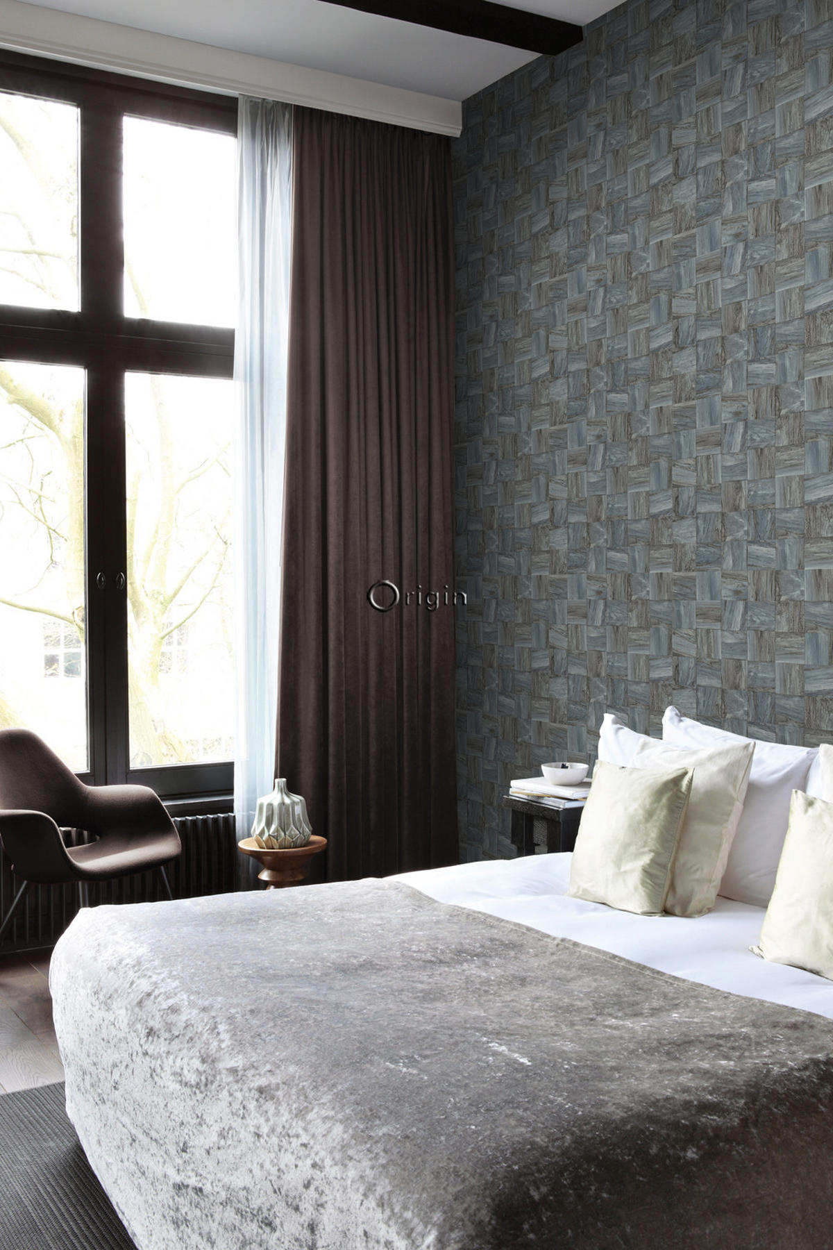 TAPETE quadratische Holzstücke 53 cm x 10.05 m - Grau, Papier (53/1000cm) - Origin Wallcoverings