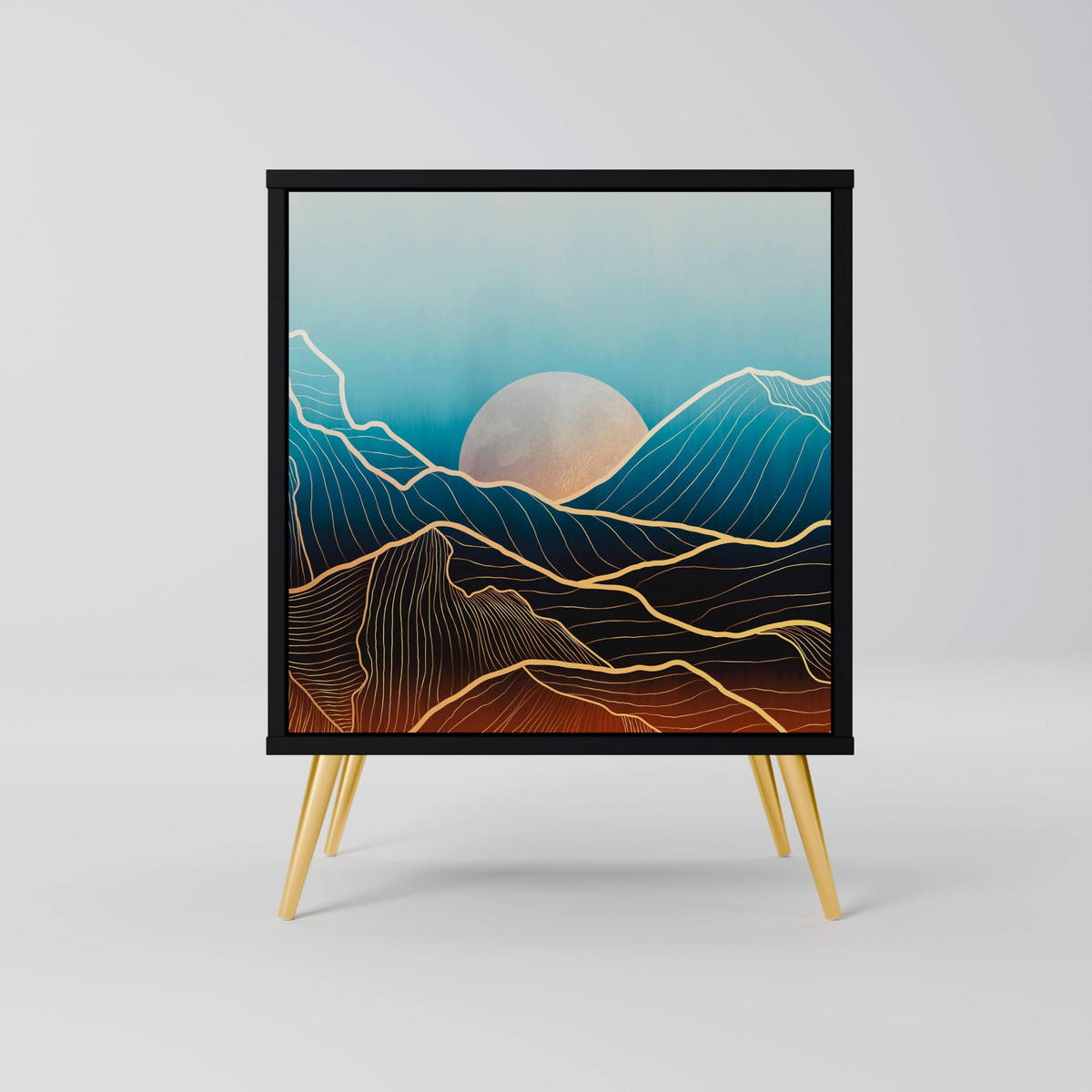 SIDEBOARD LUNAR SECRETS, Schwarz, 57,5x42x72,5 cm, Schwarze Metallfüße - Multicolor/Schwarz, Holzwerkstoff/Metall (57.5/72.5/42cm) - SpaceRebels