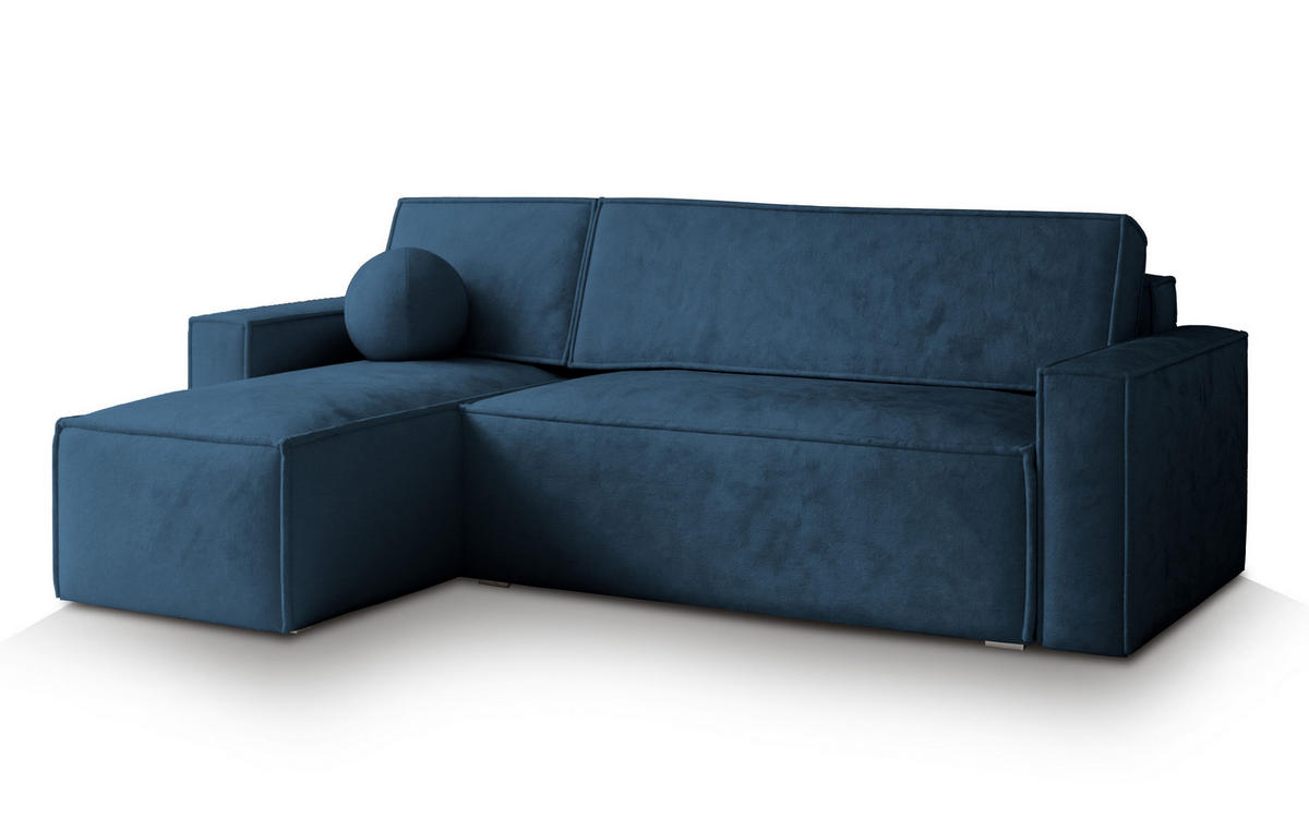 ECKSOFA RAVELO M Blau Velours-Stoff mit Schlaffunktion - Blau, Holz (240/140cm) - MASSENO