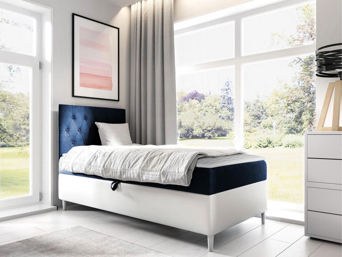 BOXBETT Filip Junior 1, Seite zum Öffnen des Bettkastens: Links - Blau/Weiß, Holz (100/200cm) - MIRJAN24