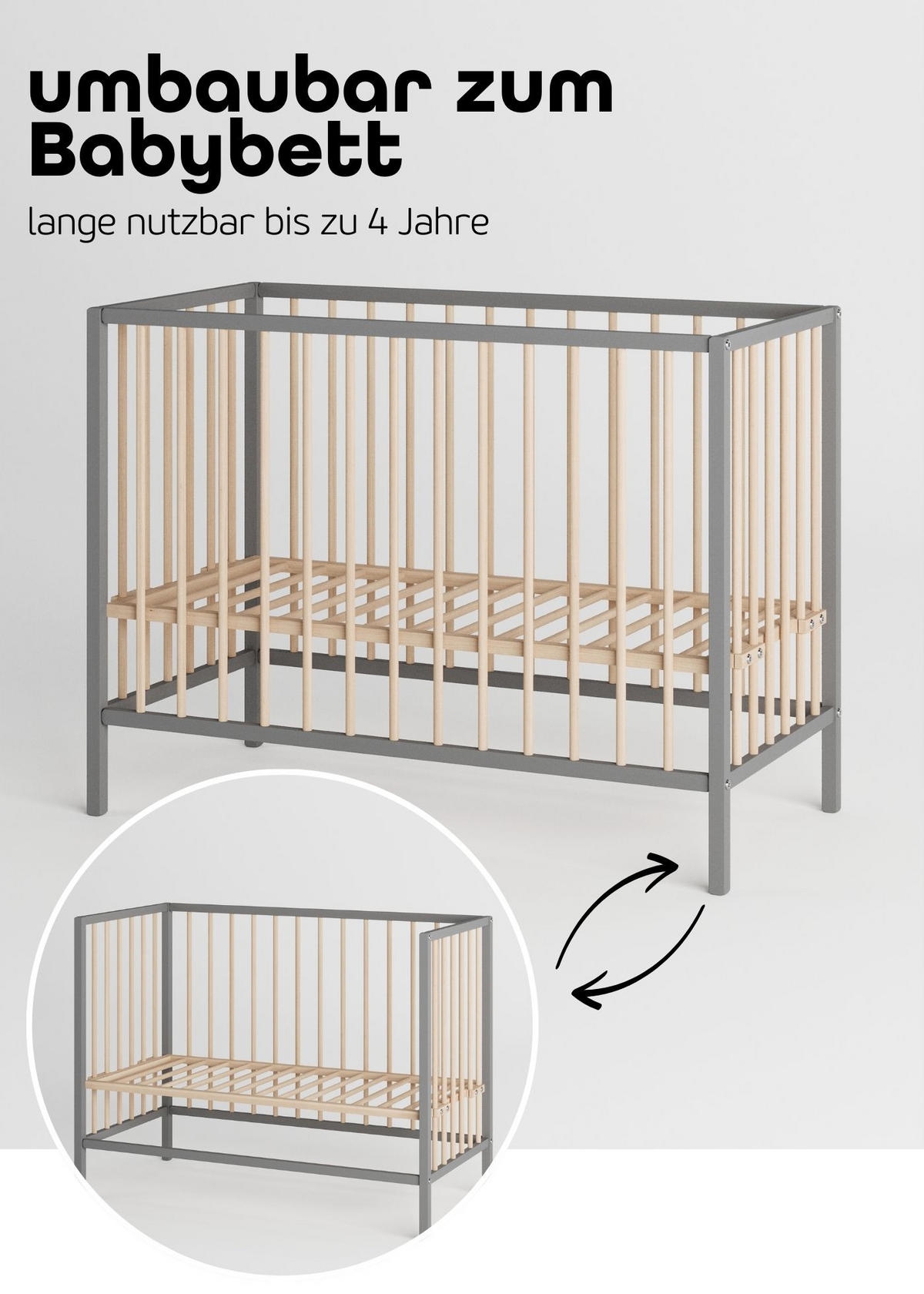 BEISTELLBETT mit Rollen & Umbauseite - grau/natur - Dreamy 4 in 1 Bett - Naturfarben/Grau, Holz (120/90/60cm) - Sämann – make a difference.