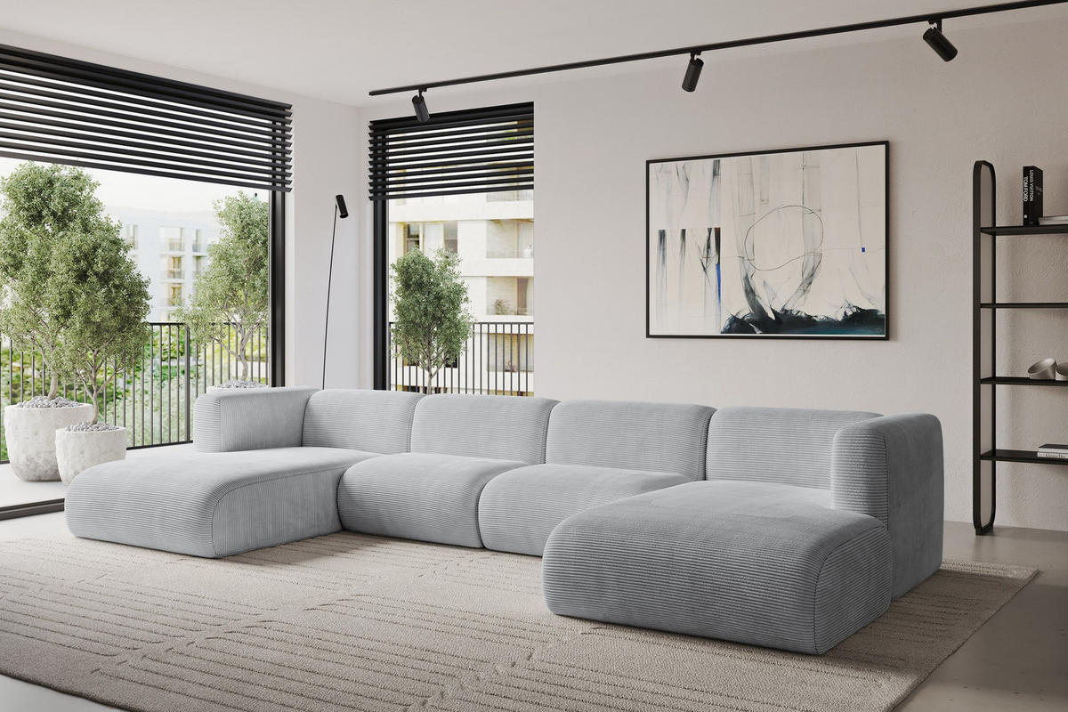 WOHNLANDSCHAFT MIRA-U2 408x179x70 Grau Cord - Blaugrau/Schwarz, Holzwerkstoff/Kunststoff (408/70/179cm) - ALTDECOR