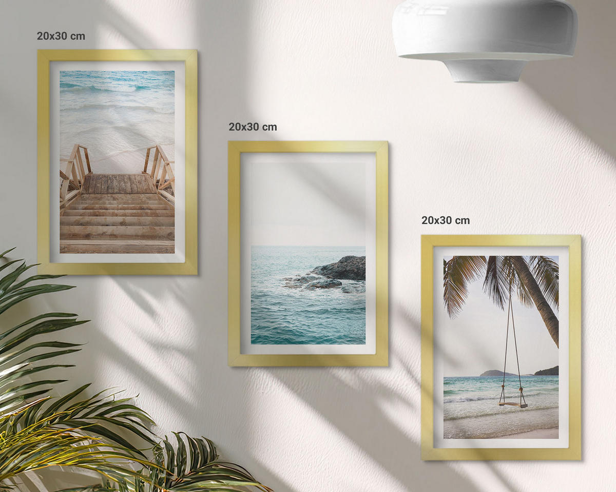 WANDBILDER 3er Set - 20x30 cm Goldrahmen - Treppe Strand Meer Schaukel - Goldfarben, Kunststoff (20/30cm) - ArtPrintCave